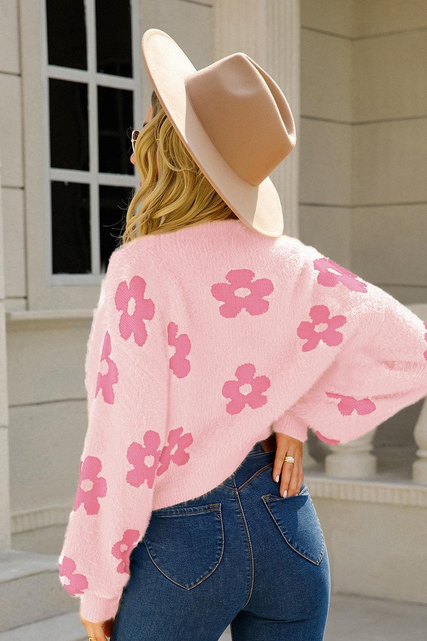 Floral Knit Crop Cardigan - Fuzzy V-Neck Sweater