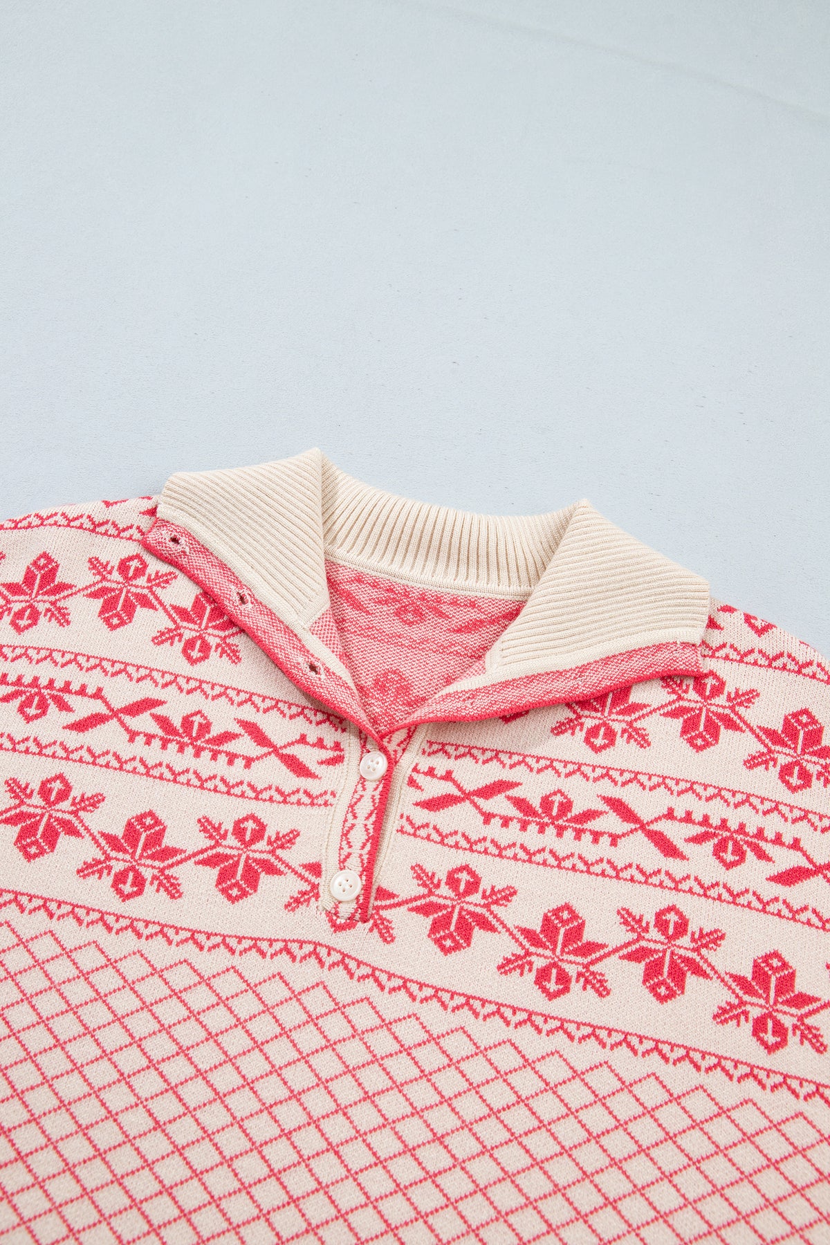 Sachet Pink Cozy Abstract Print Button Stand Neck Casual Sweater