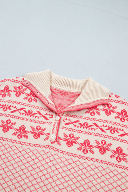 Sachet Pink Cozy Abstract Print Button Stand Neck Casual Sweater