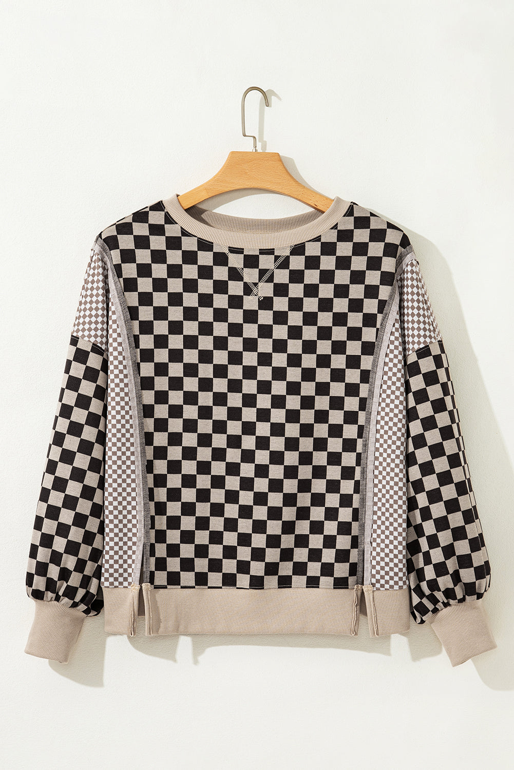 Khaki Checkered Patchwork High Low Round Neck Casual Top