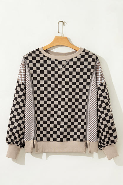 Khaki Checkered Patchwork High Low Round Neck Casual Top