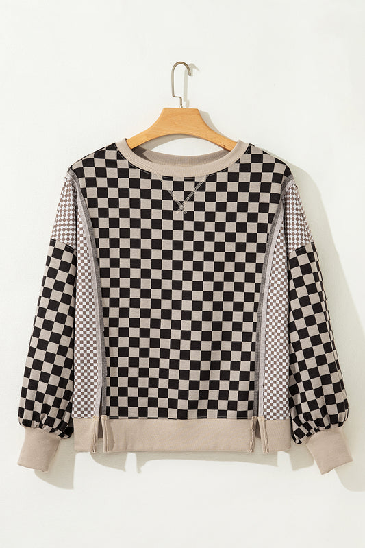 Khaki Checkered Patchwork High Low Round Neck Casual Top