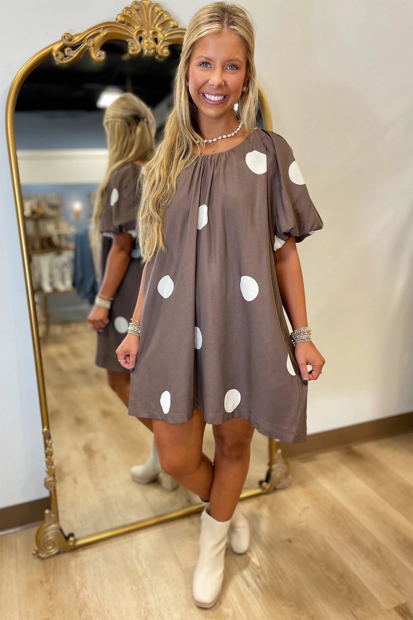 Brown Polka Dot Puff Sleeve Loose Fit Mini Dress