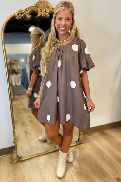 Brown Polka Dot Puff Sleeve Loose Fit Mini Dress
