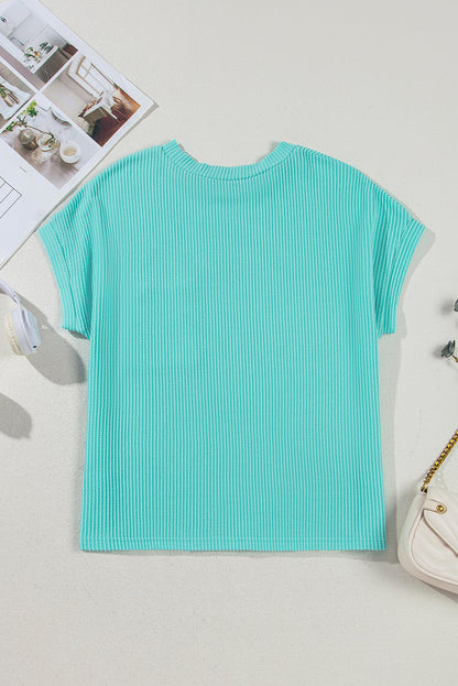 Pink Striped Textured Knit Pocket Casual Tee