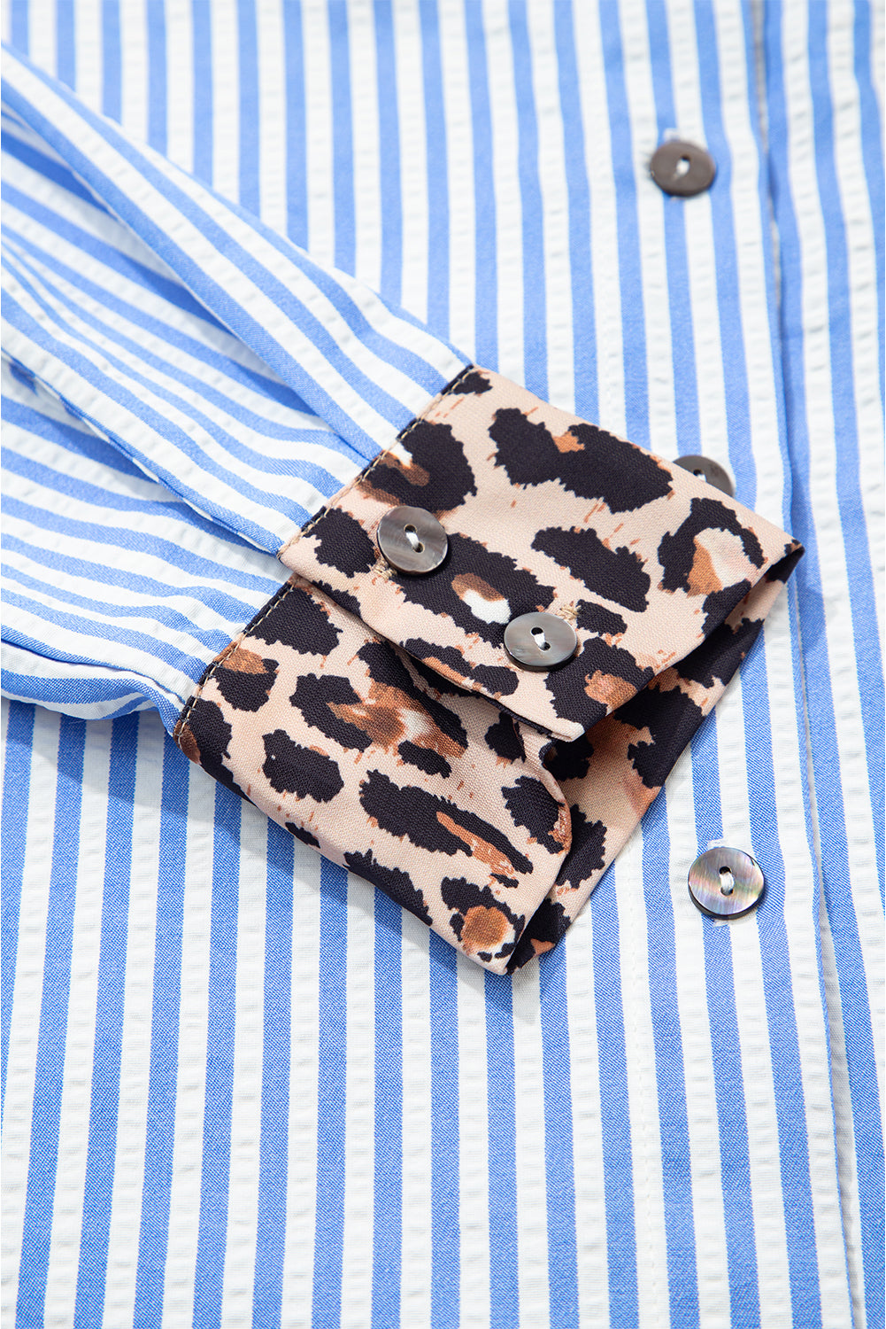 Black Striped Leopard Print Patchwork Button Up Womens Shirt