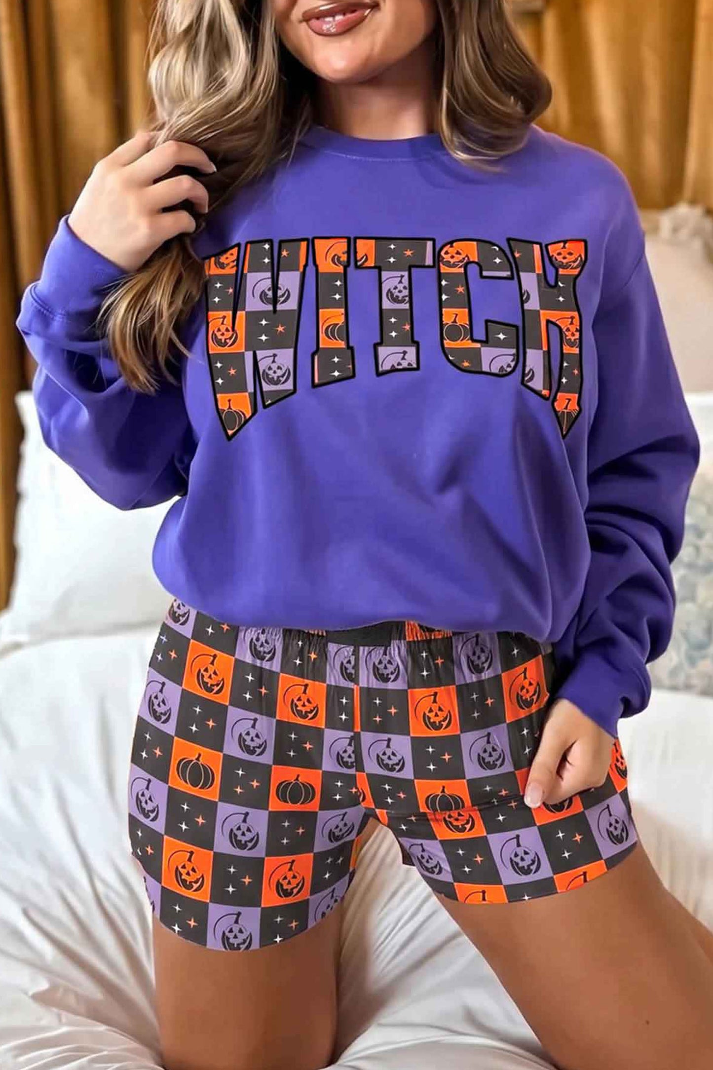 Halloween Witch Graphic Checkerboard Shorts Set