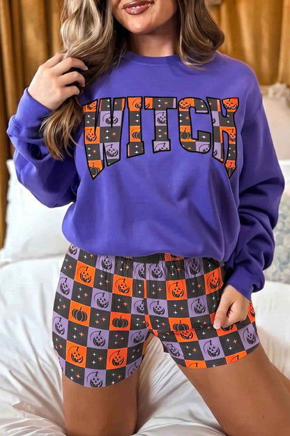 Halloween Witch Graphic Checkerboard Shorts Set