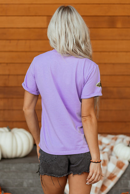 Purple Sequin Halloween Bat Graphic Casual T Shirt