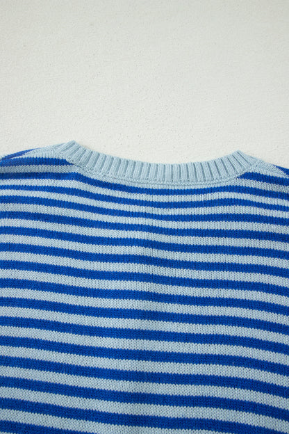 Blue Stripe Knit Cardigan Half Sleeve Button Front Sweater