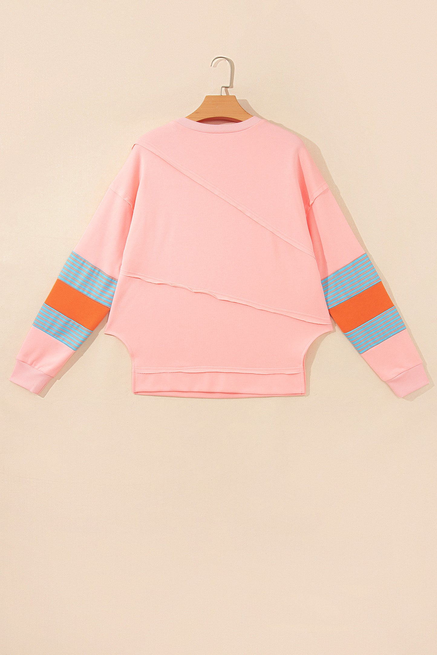 Pink Colorblock Striped Patchwork Long Sleeve Round Neck Top