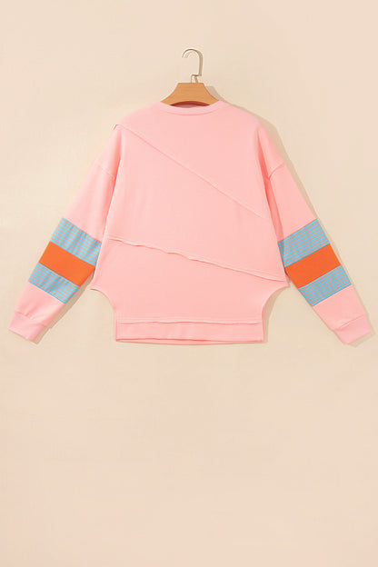 Pink Colorblock Striped Patchwork Long Sleeve Round Neck Top