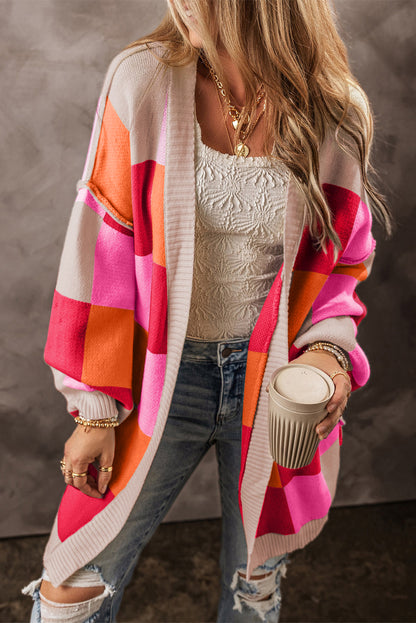 Light Blue Checkered Drop Shoulder Exposed Seam Open Front Cardigan