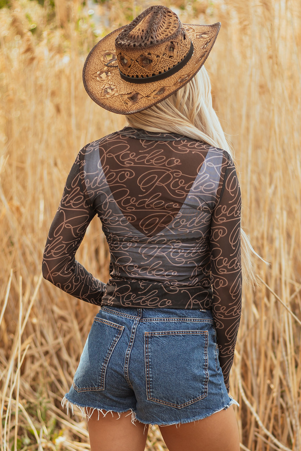 Black Western Rodeo Print Mesh Mock Neck Top
