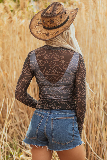 Black Western Rodeo Print Mesh Mock Neck Top