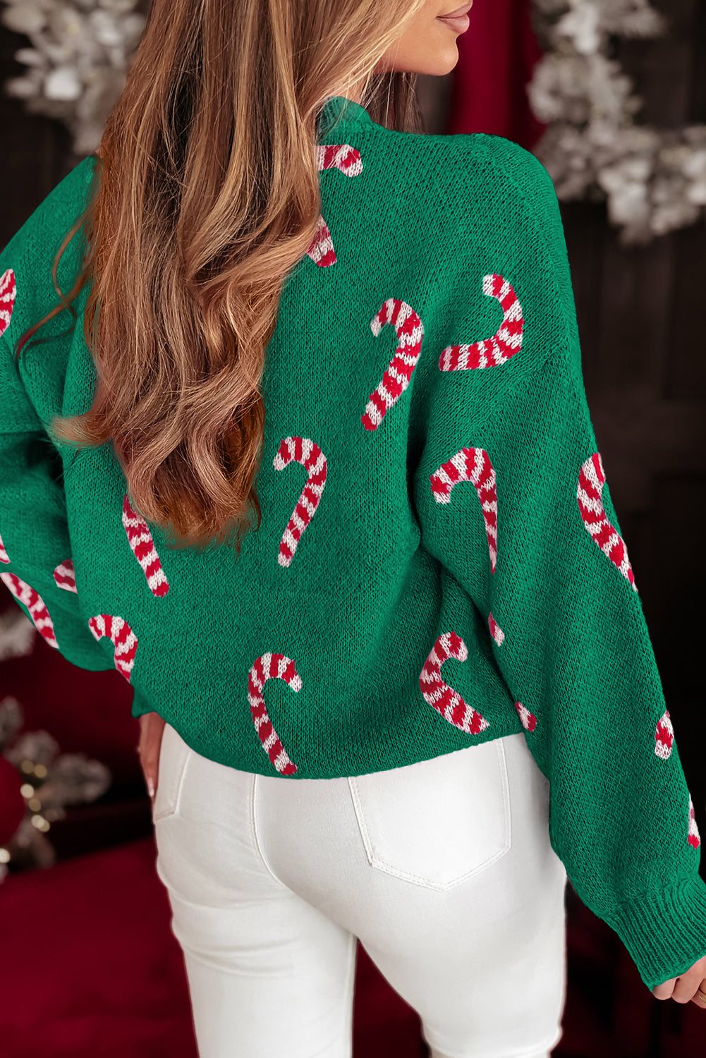 Sachet Pink Christmas Candy Cane Holiday Drop Shoulder Sweater