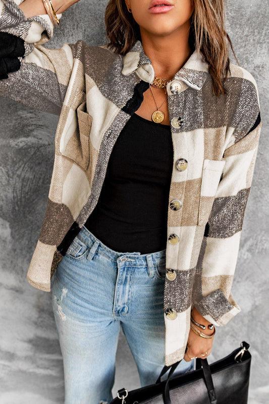Khaki Plaid Colorblock Buttoned Long Sleeve Jacket with Pockets