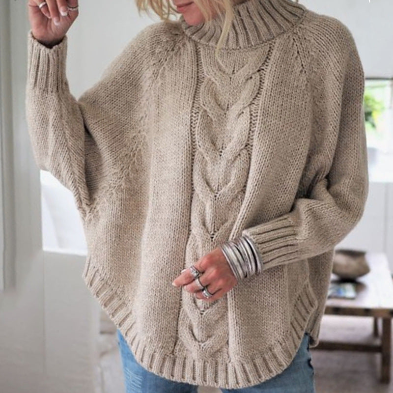Women's Oversized Cable Knit Batwing Turtleneck Sweater