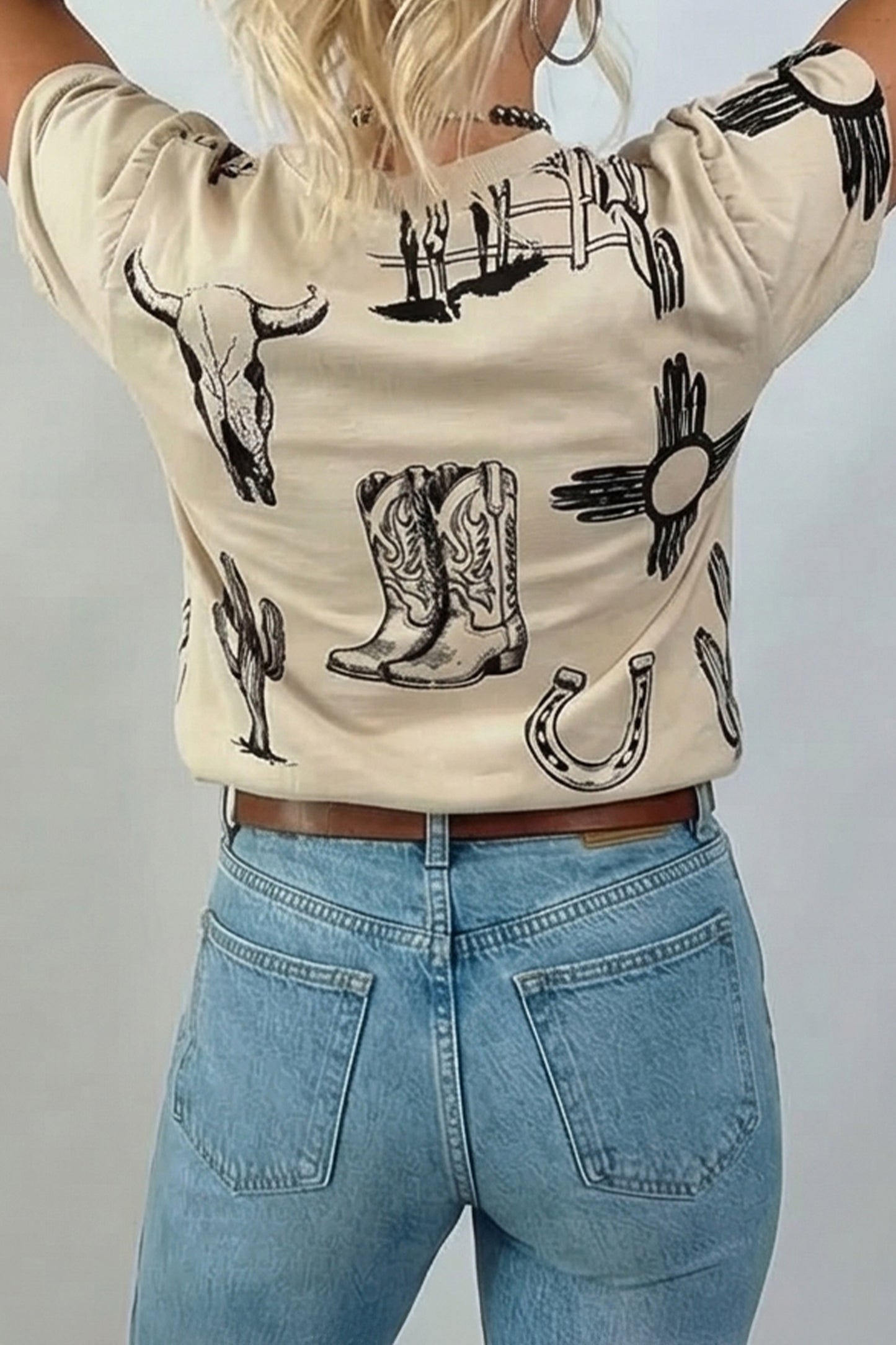 Beige Western Graphic Cowboy Boots Cactus Vintage Tee