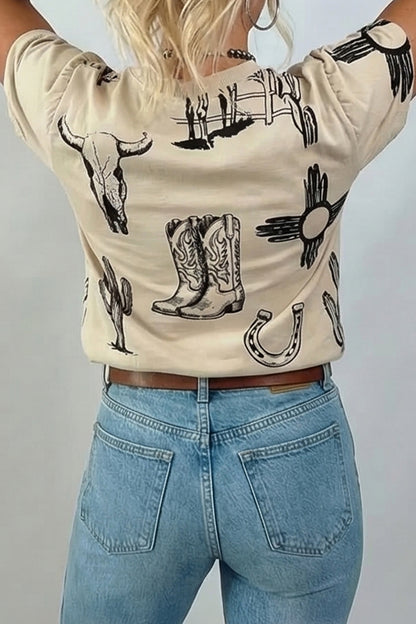 Beige Western Graphic Cowboy Boots Cactus Vintage Tee