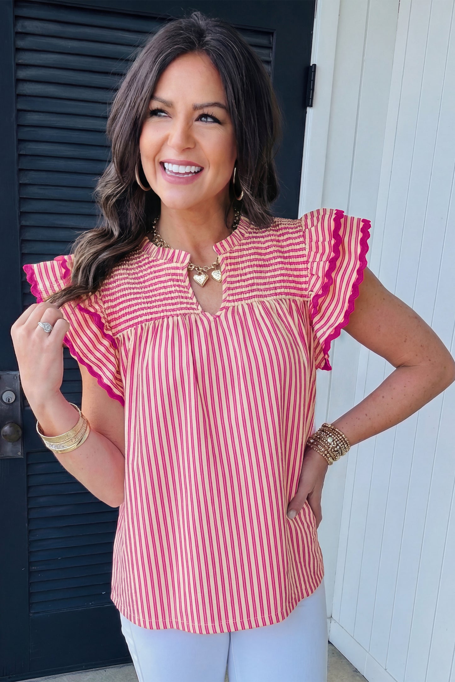 Rose Stripe Shirred Blouse Ruffle Sleeve Summer Top