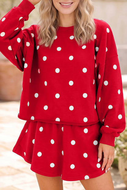 Brown Polka Dot Sweatshirt Skort Two Piece Set