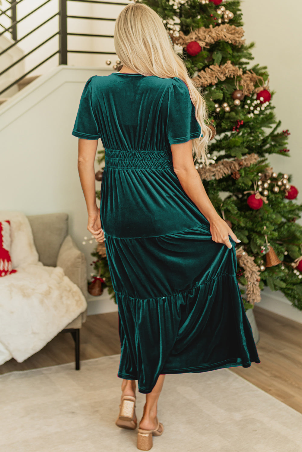 Holiday Red Velvet V Neck Short Sleeve Party Maxi Dress