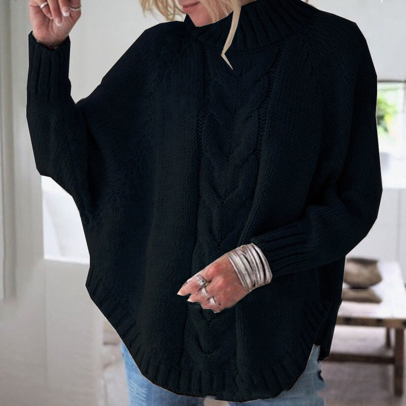 Women's Oversized Cable Knit Batwing Turtleneck Sweater