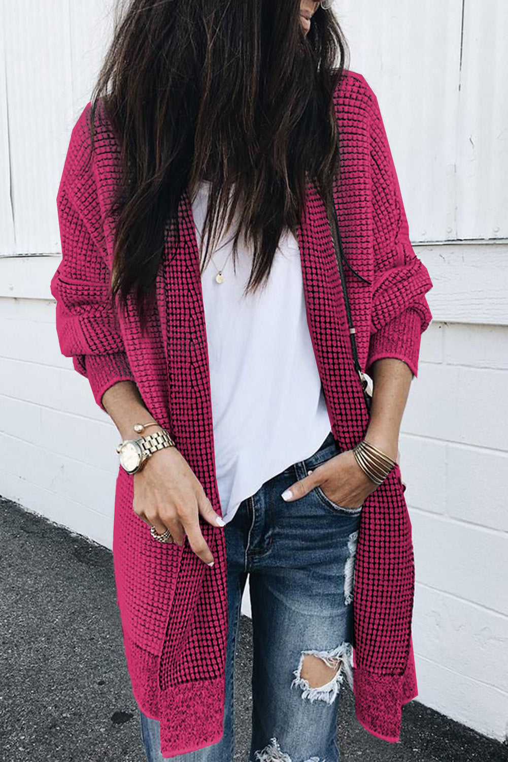 Black Plaid Knitted Long Open Front Cardigan