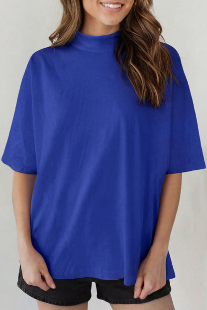 Dark Blue Oversized Mock Neck Tee Casual Relaxed Top