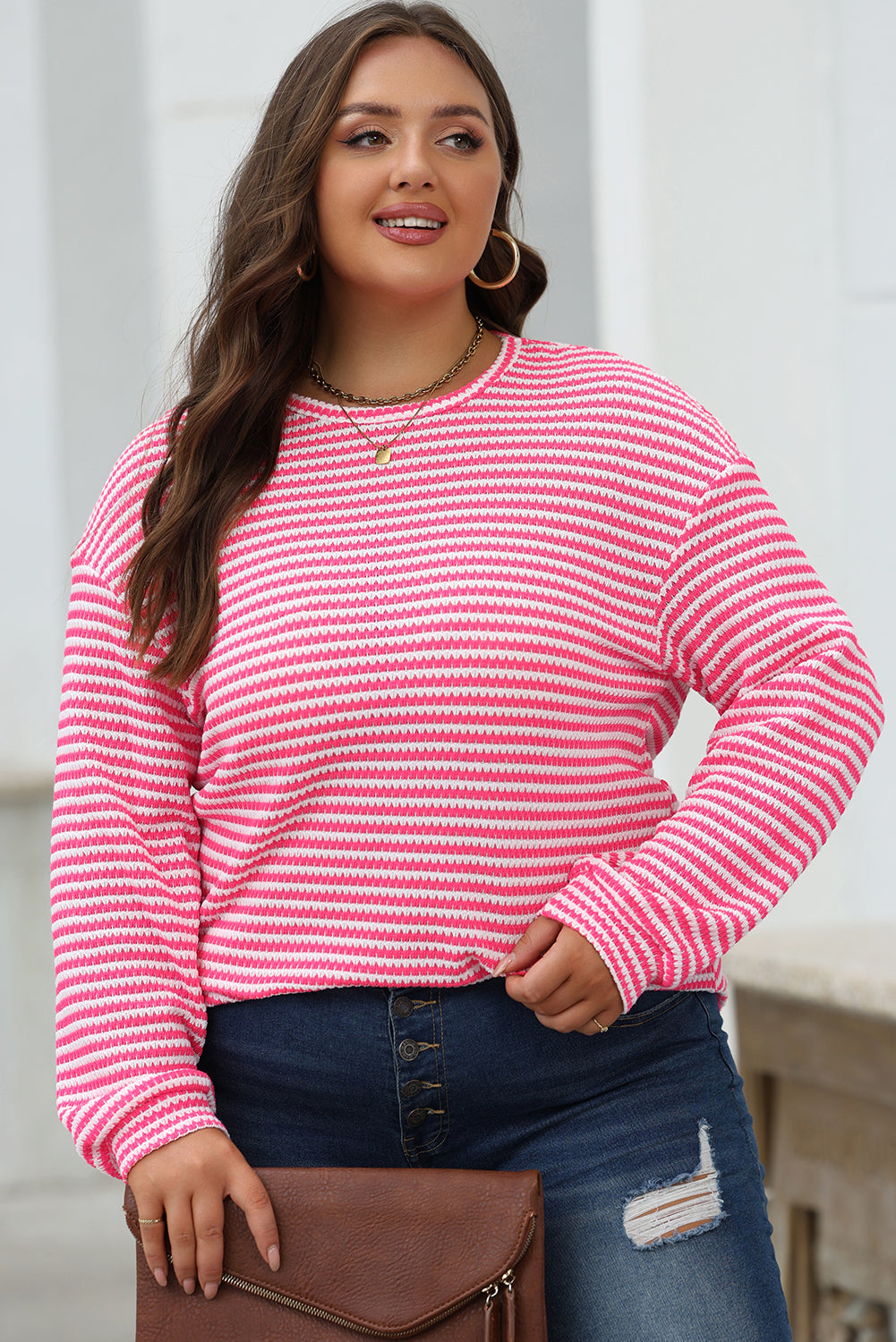 Black Stripe Round Neck Drop Shoulder Long Sleeve Top