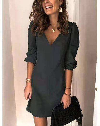 Women's V-Neck 3/4 Puff Sleeve A-Line Mini Dress