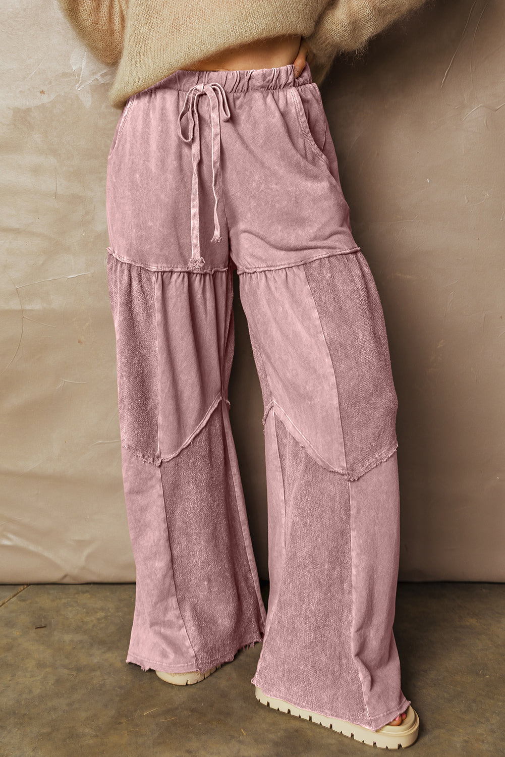 Women's Black Mineral Wash Wide Leg Patchwork Pants