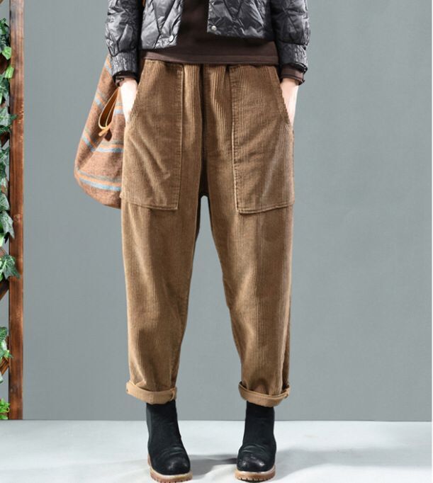 Women Corduroy Harem Pants High Waist Loose Pockets