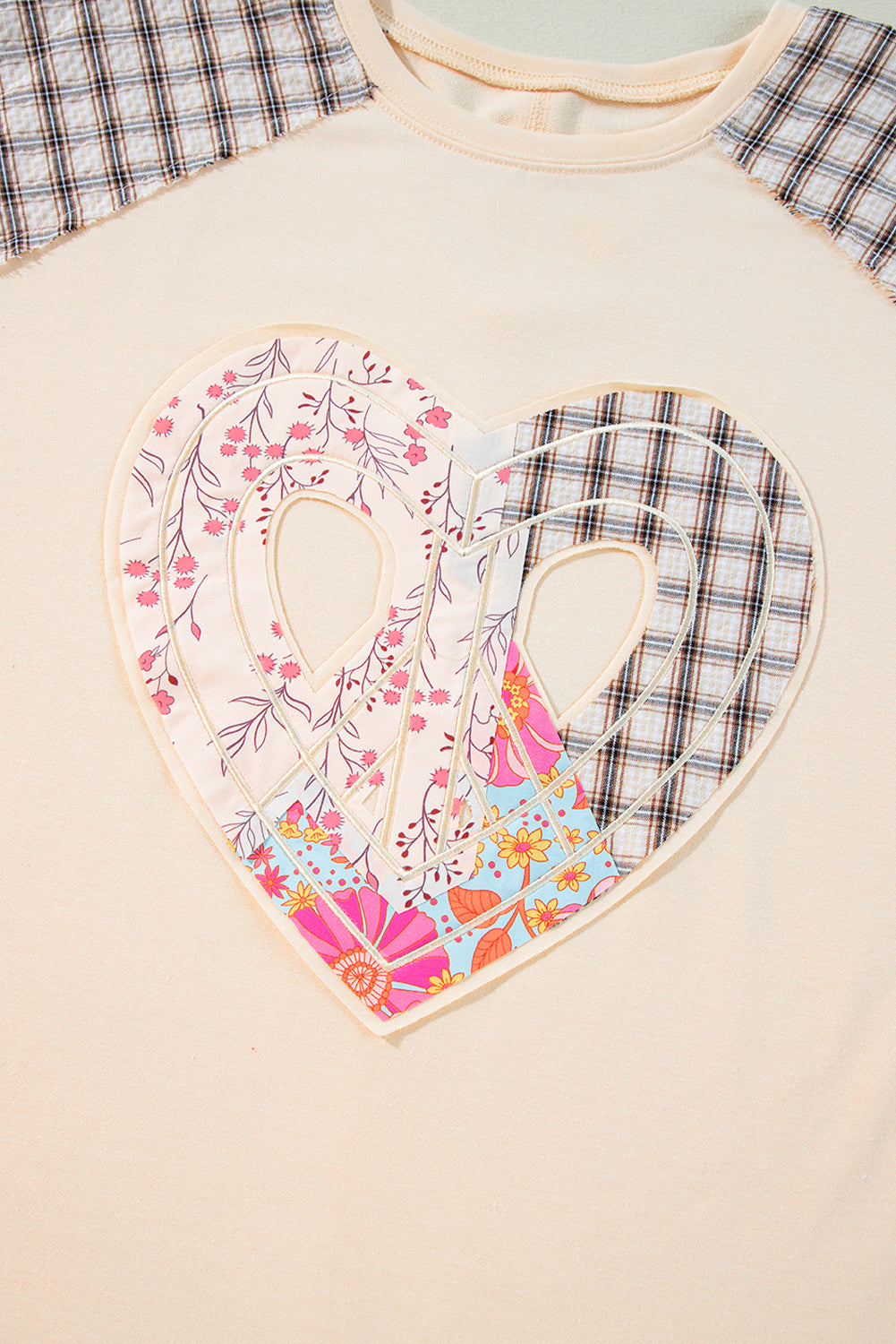 Plaid Floral Peace Heart Graphic Wide Long Sleeve Top