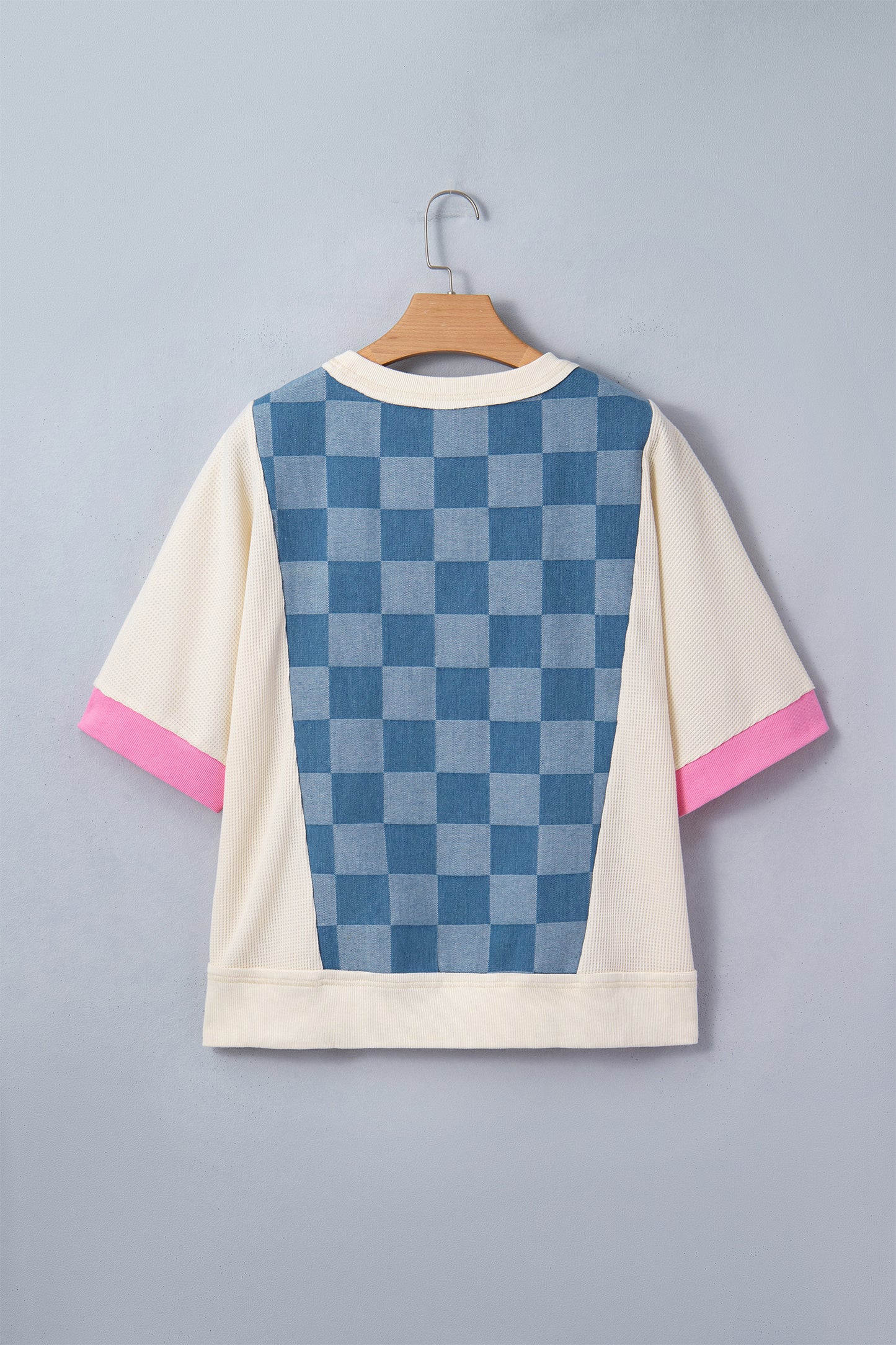Blue Checkerboard Patchwork Short Sleeve Loose Fit Top