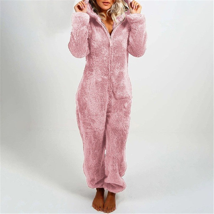 Women Sherpa Fleece Hooded Zip Up Jumpsuit