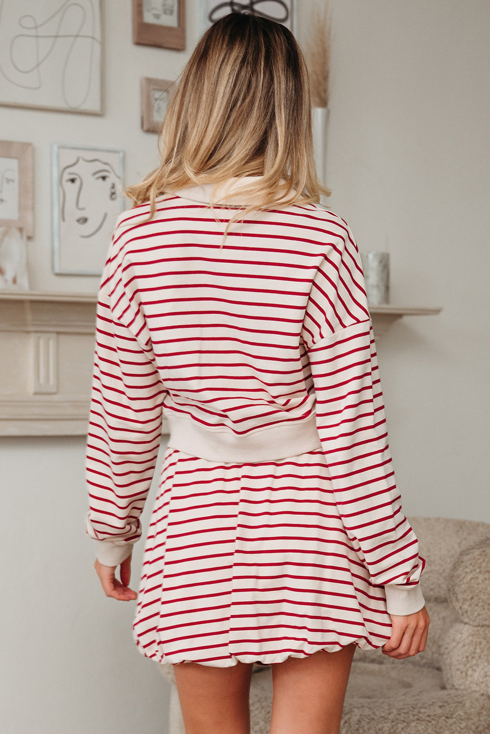 Red Stripe Collared Cropped Top & Bubble Skirt Set