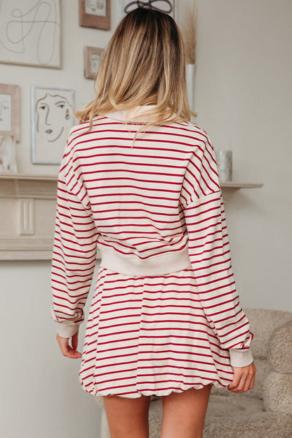 Red Stripe Collared Cropped Top & Bubble Skirt Set