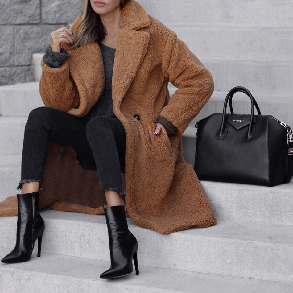 Women's Teddy Fleece Long Coat Double Breasted Lapel