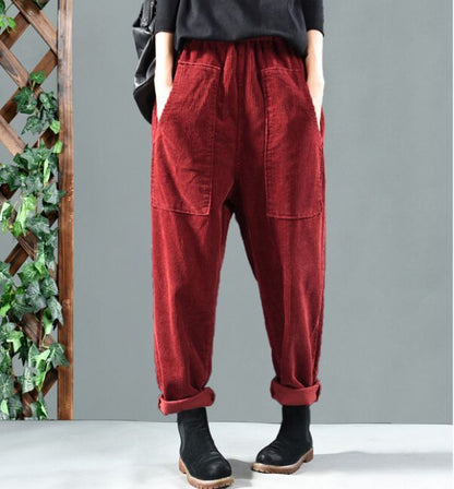 Women Corduroy Harem Pants High Waist Loose Pockets