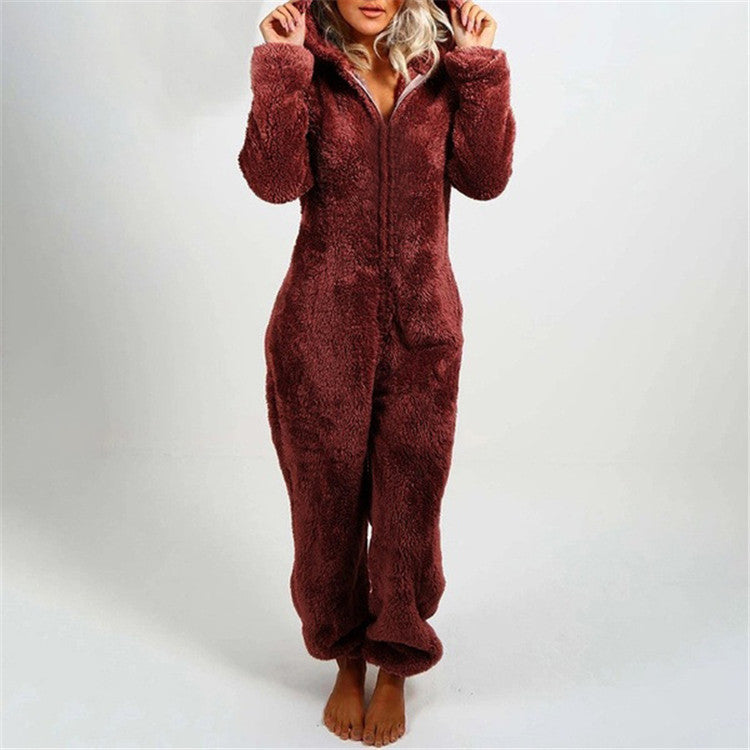Women Sherpa Fleece Hooded Zip Up Jumpsuit