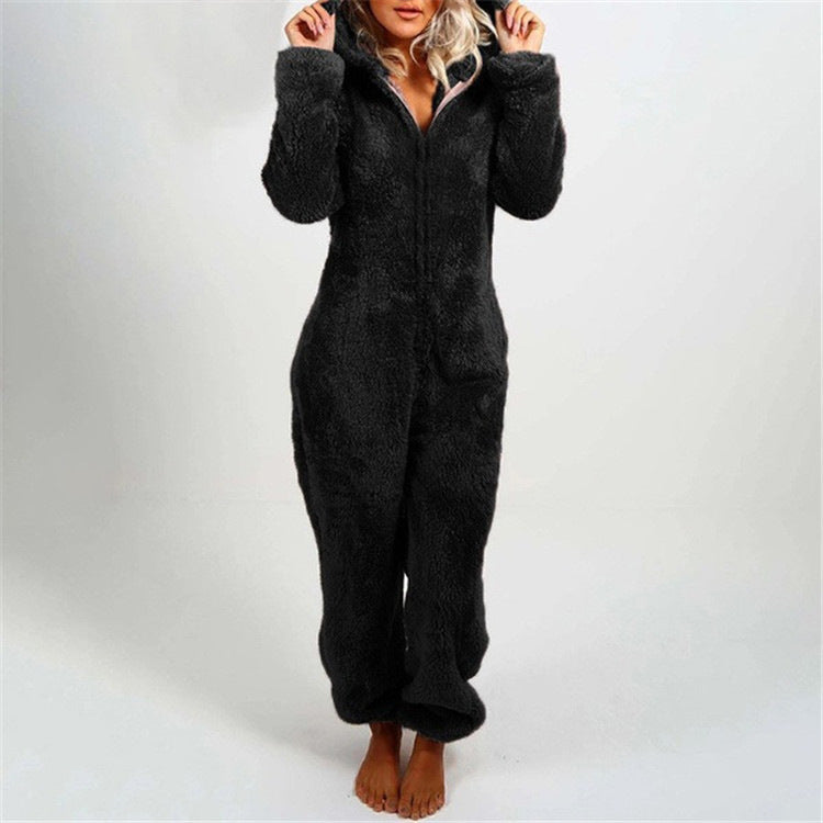 Women Sherpa Fleece Hooded Zip Up Jumpsuit