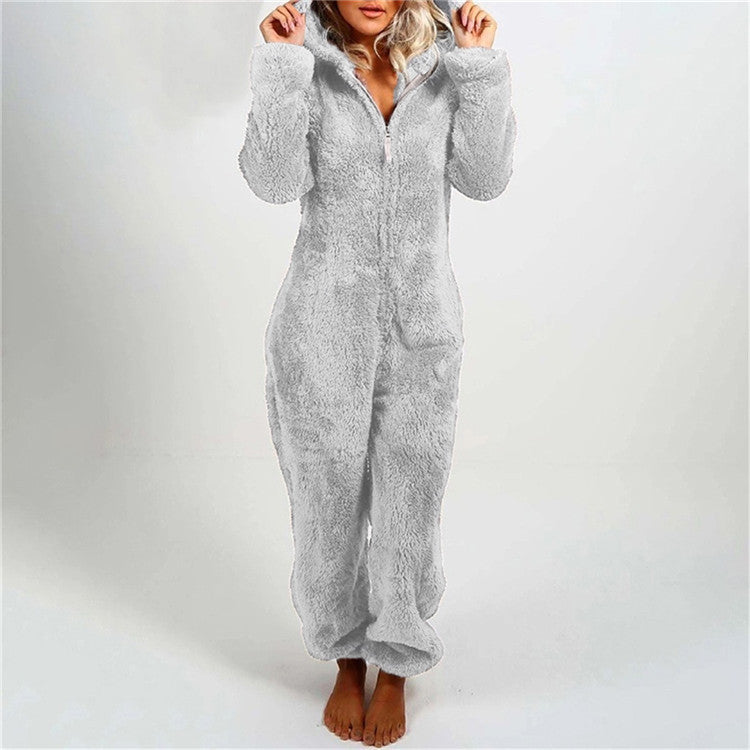 Women Sherpa Fleece Hooded Zip Up Jumpsuit