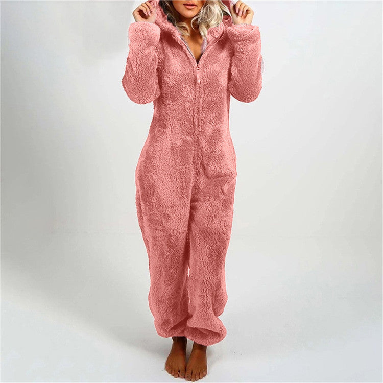 Women Sherpa Fleece Hooded Zip Up Jumpsuit