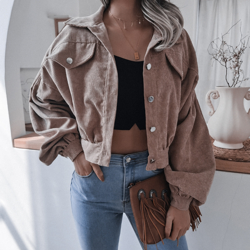Trendy Lantern Sleeve Corduroy Jacket for Fall & Winter