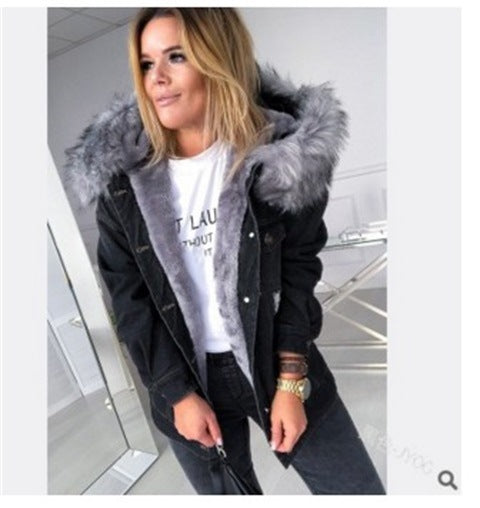 Women's Faux Fur Hooded Sherpa Lined Ripped Denim Jacket