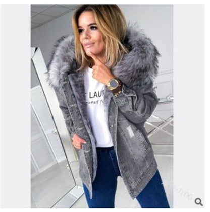 Women's Faux Fur Hooded Sherpa Lined Ripped Denim Jacket