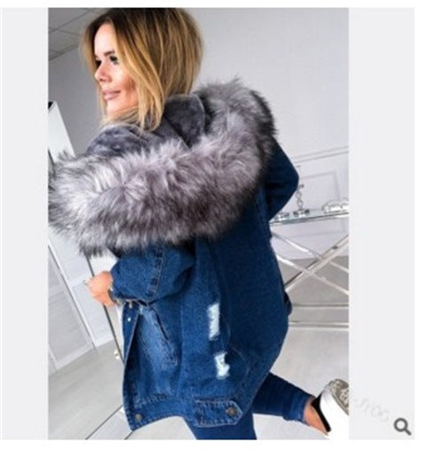 Women's Faux Fur Hooded Sherpa Lined Ripped Denim Jacket