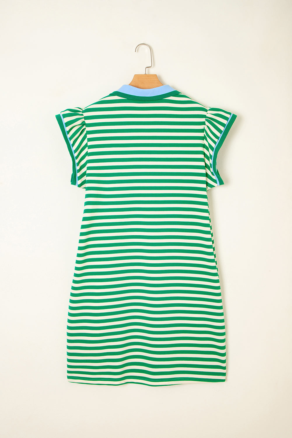 Green Stripe Contrast Collar Flutter Sleeve Mini Dress
